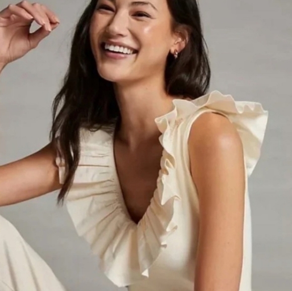 🕊 Maeve by Anthropologie Cream Ruffled Blouse - Picture 2 of 11